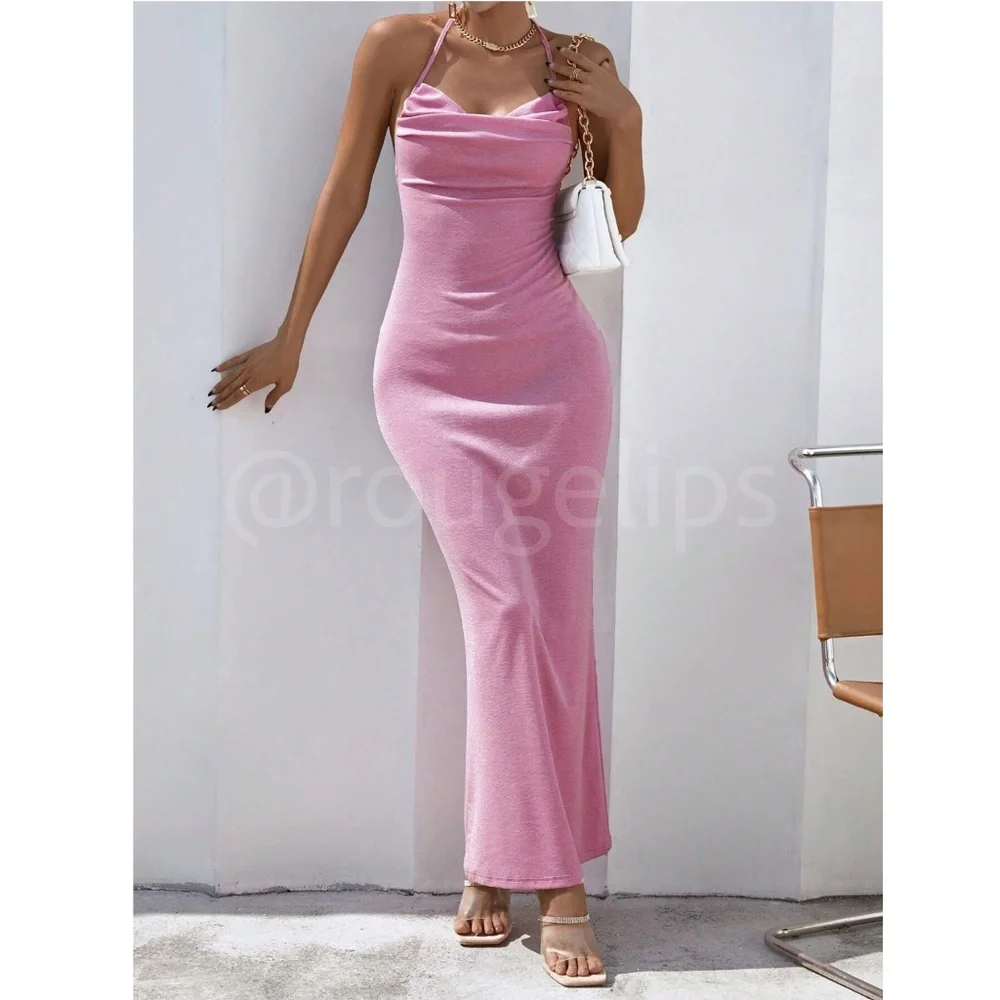 Glitter Lurex Pink Cowl Neck Backless Tie Straps Maxi Long Dress - Picture 5 of 10